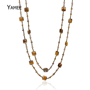 

European Style Fashion Yellow Tiger Eye DIY Long Necklace Multi Layer Square/Round Natural Gem Stone Sweater Necklaces For Women