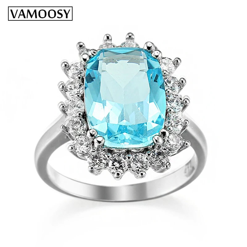 Женское геометрическое кольцо VAMOOSY с квадратным голубым камнем и фианитом