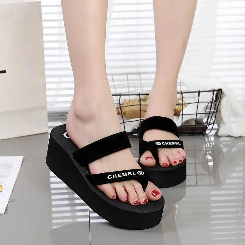 

POADISFOO 2019 Summer Fashion Toe Cloth With high-heeled flip-flops, Muffin With sandals, New Beach Casual Slippers WNH-922