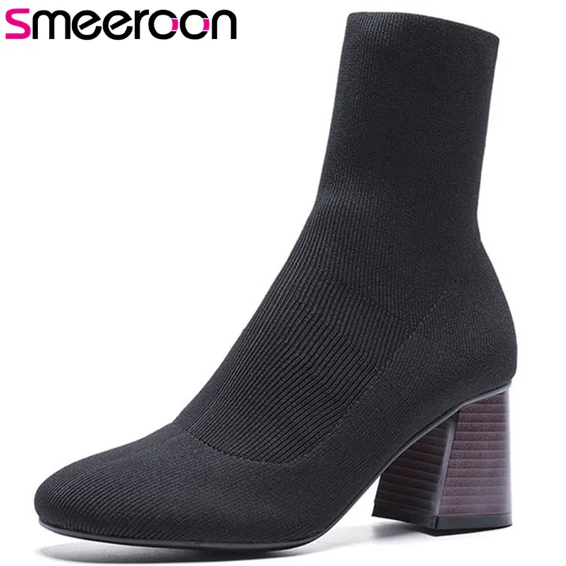 

Smeeroon 2018 hot sale round toe autumn boots women comfortable Stretch socks boots high heels shoes woman ankle boots female