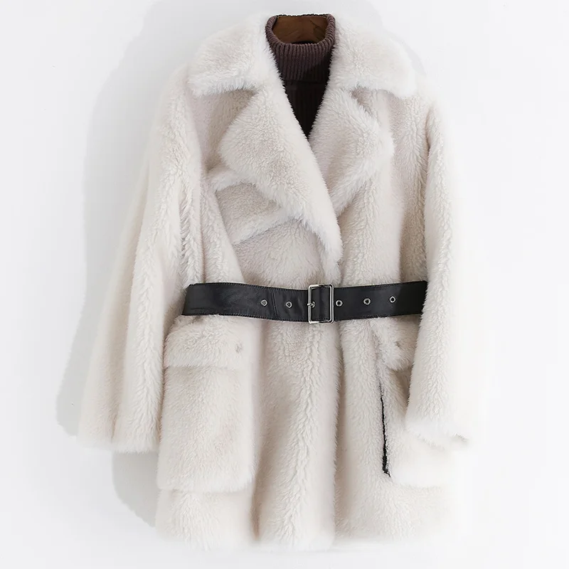 Шерстяная куртка, пальто с натуральным мехом, осенне-зимнее пальто, женская одежда,, корейское Abrigo Muje Rsheep Shearling, меховое длинное пальто Z601 - Цвет: Бежевый