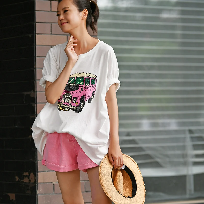 

T3399 Korean version of the car round collar short sleeved shoulder loose large version of the joker white T-shirt women
