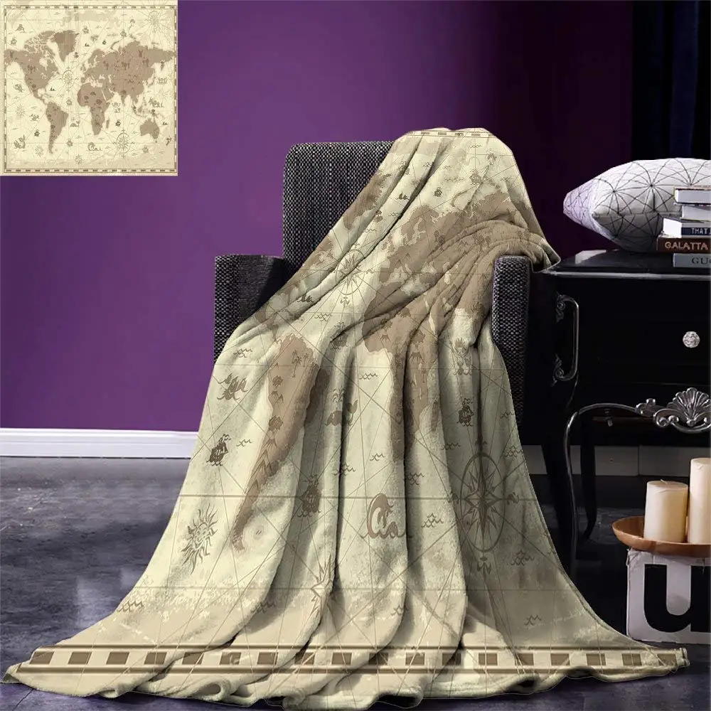 

Map Throw Blanket Aged Retro Styled Map of the World with Mountains Fantasy Monsters and Compass Soft Warm Blanket