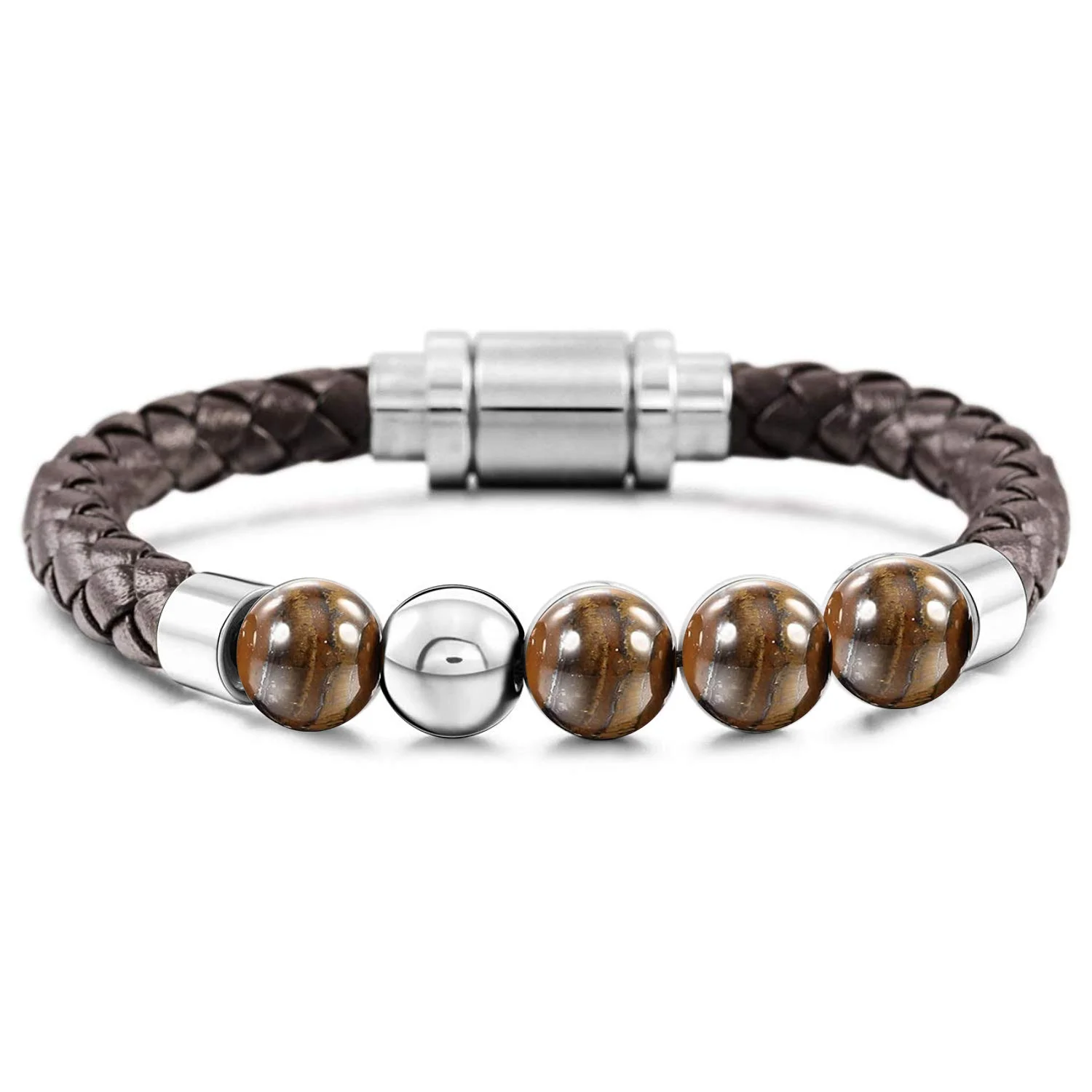 

Fashion Charm Male Leather Bracelet Lava Tiger Eye Stone Beads Stainless Steel Bracelets & Bangles for Men Punk Jewelry