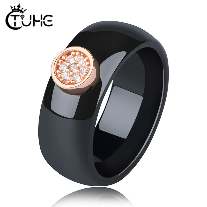 

8mm Personalize Health Ceramic Rings for Women Men Never Lose Color With Big Size 10 11 12 Crystal Rose Gold Metal Band Jewelry