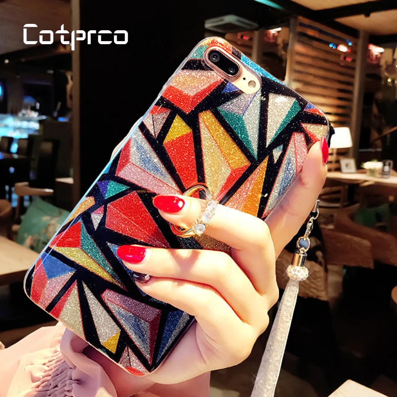 

COTPRCO Candy Color Geometric Rhombus Phone Case For iphone X 8 7 Plus 6 With Ring bracket Glitter Diamond Case For iPhone 6s 7