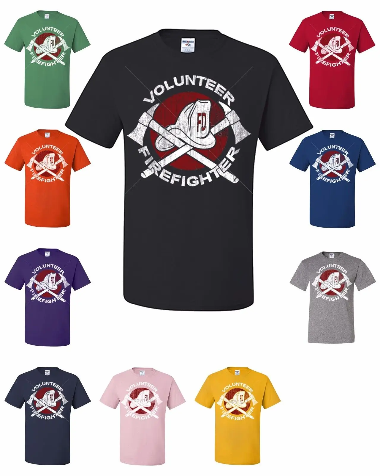 

Volunteer Firefighter T-Shirt Fireman Gift Tee Shirt Fire Dept Axe Helmet Rescue