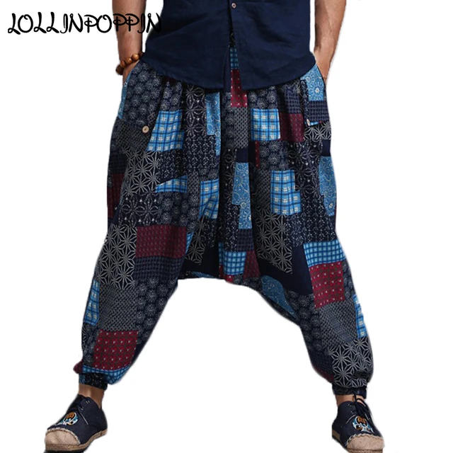 Men Printed Linen Pants Elastic Waist Drop Crotch Bohemian Pants Linen & Cotton Mens Boho Pants