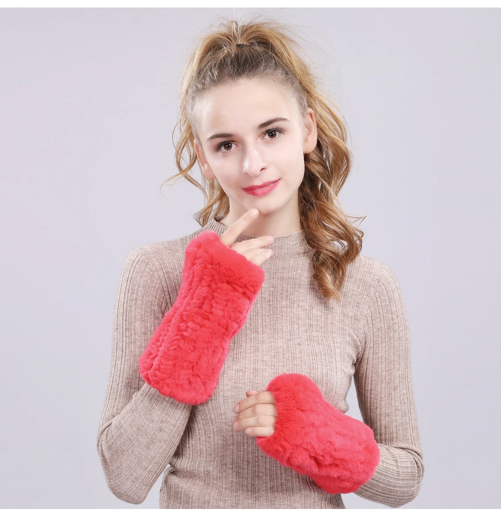 Good Elastic Women Real Genuine Knitted Rex Rabbit Fur Fingerless Gloves Mittens Warm Natural Rex Rabbit Fur Gloves