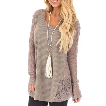 

2017 new women ladies long sleeve knitwear sweaters fashion lace floral patchwork asymmetrical loose long pullover top plus size