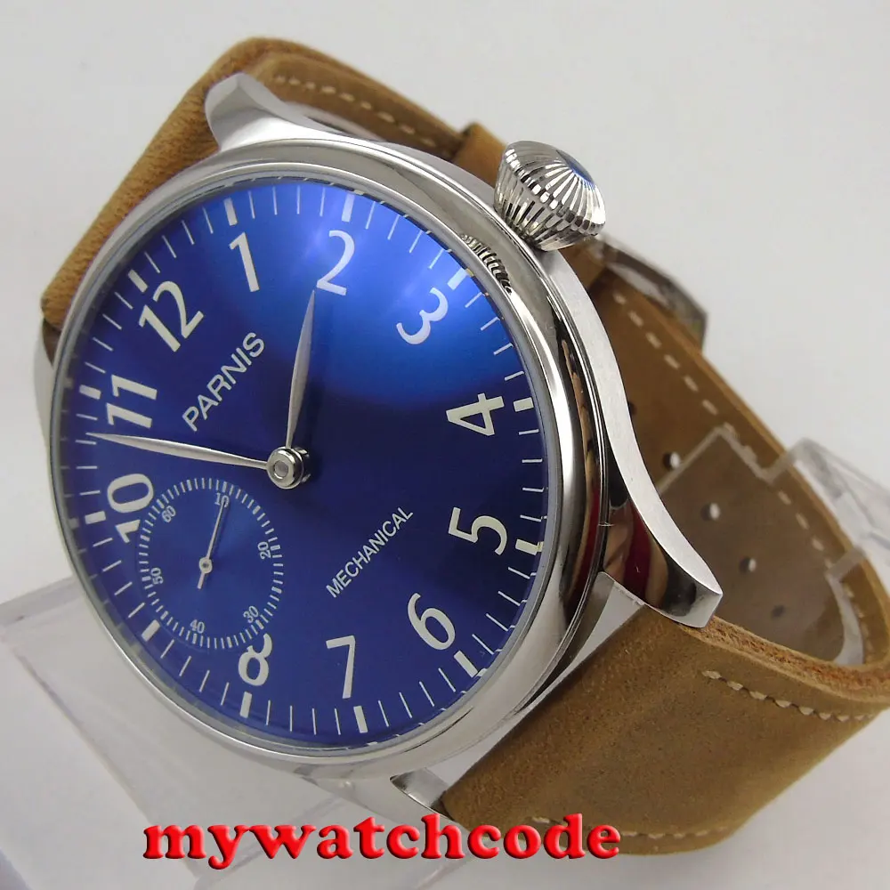 

new arrive 44mm parnis blue dial hand winding 6497 mechanical mens watch P801B