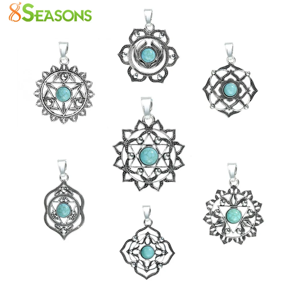 

8SEASONS Alloy Chakra Pendants Flower Antique Silver Green Created Gem Stone Hexagram Sun Ajna Vishuddha Nabhi Sahasrara 2 PCs