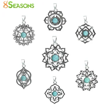 

8Seasons Zinc Alloy Chakra Pendants Flower Antique Silver Color Green Stone Sun Hexagram Hollow Charms DIY Making Jewelry,2PCs