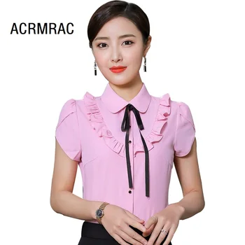 

Women shirt Slim summer Short sleeve Bow Ruffle OL Blouses & Shirts Women 3131