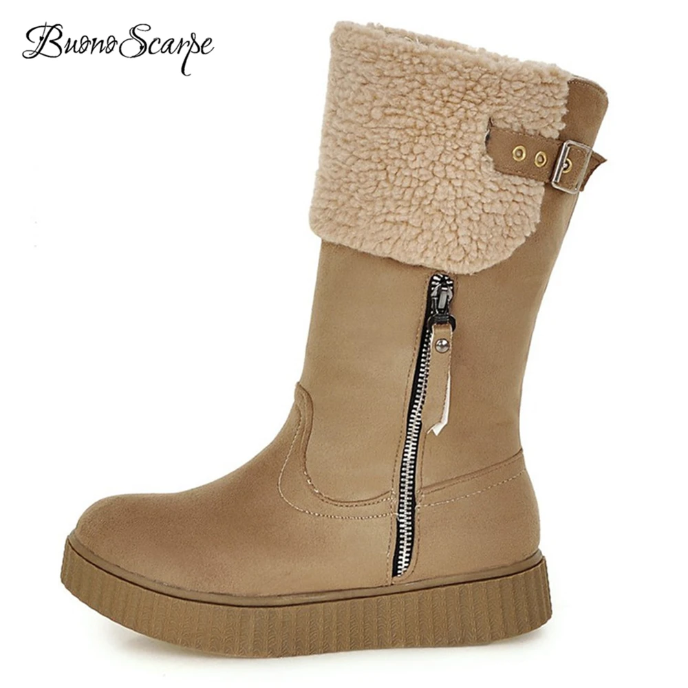 

BuonoScarpe 2018 Winter Warm Snow Boots Fashion Platform Fur Buckle Shoes Wedges Heels Mid-calf Boots Turned-over Fold GirlBotas