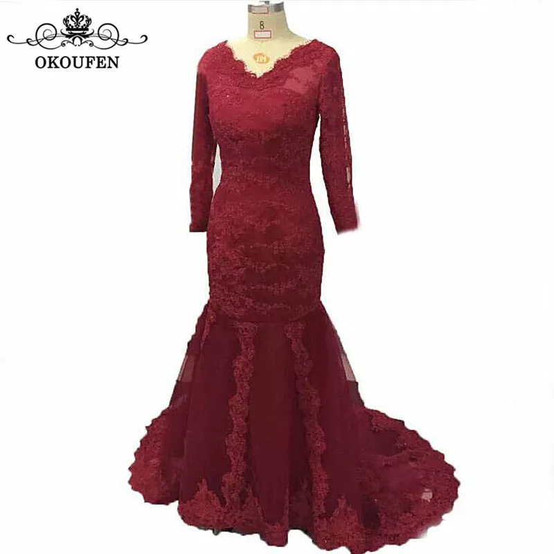 

Burgundy Lace Appliques Mermaid Mother of the Bride Dresses Long Sleeves 2018 Little V Neck Evening Dress Formal Gown Real Pics