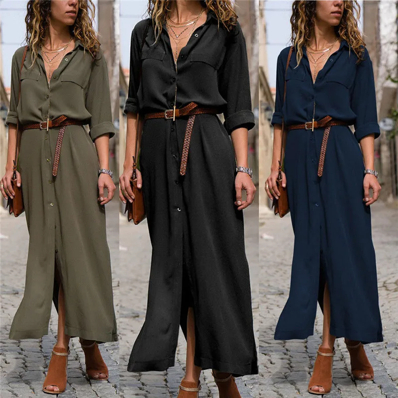 

Women Long Maxi Dresses Bohemia turn down neck Long Sleeve Solid with Button Summer Beach Female Split Stylish Style Dress