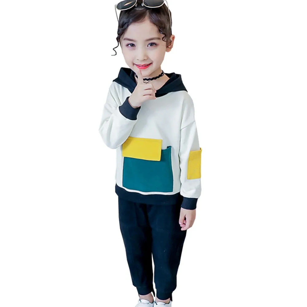 

Children's Set Long Sleeve Tops Pants Two-piece Set Stitching Color Multi-Pocket Girls Sportswear Leisure Hooded Suit