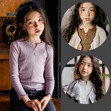 

Girls' Korean 2018 autumn cotton 3-color long-sleeved button-down shirt for children from cuhk