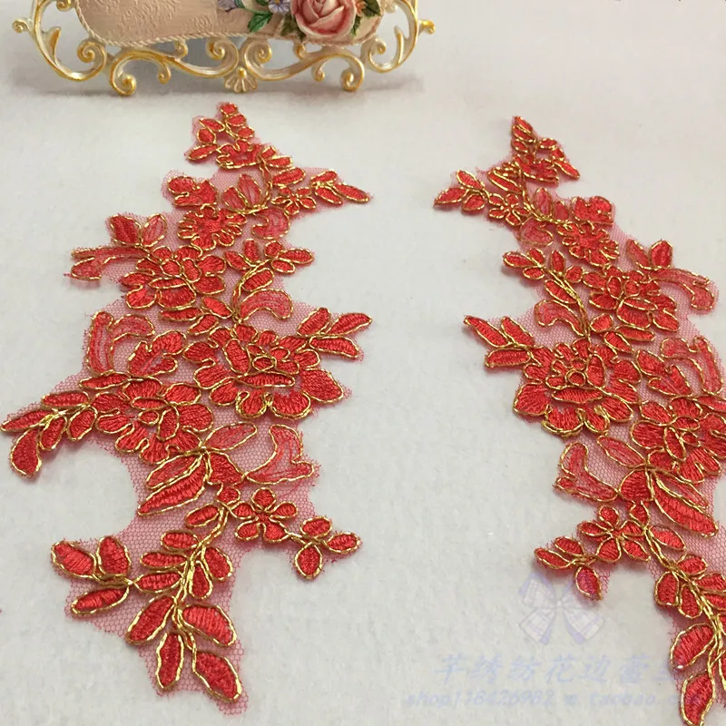 

(6pc=3pair) Red Gold Edge Embroidered lace Applique Wedding Dress Accessories DIY Sew Cloth lace Decorative patch 26X 11cm
