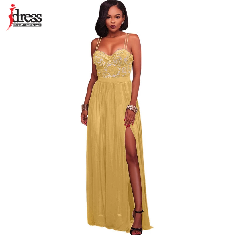 IDress 2017 Spaghetti Strap Black Lace Dress Women Party Elegant Floral Lace Chiffon Dress Floor Length Split Women Long Dress (6)