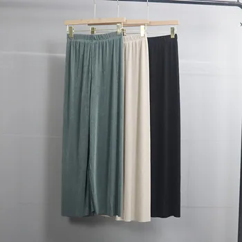 

Plus Size Silk Knitted Wide Leg Pants Women High Waist Slim Large-sized Straight Pants Mom Pants Fashion Solid Wide Pants A289