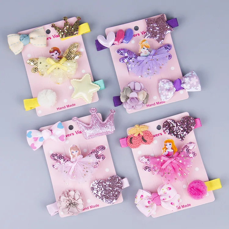 

cute 5pcs/set Princess Hair Clip Chiffon All-Inclusive Clip Pearl hair accessories for girls Ribbon Bow Flower Crown Hairpins