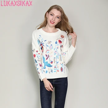 

LUKAXSIKAX Fashion Designer 2019 New Autumn Winter Women Sweater High Quality Flowers Embroidery Loose Knitted Pullover Sweater