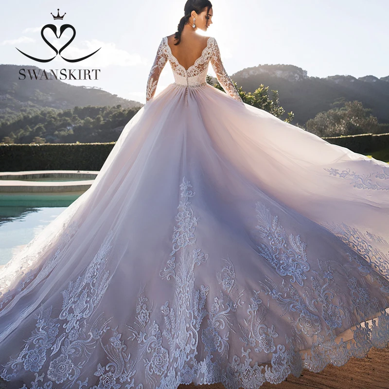 Модное свадебное платье с v-образным вырезом, расшитое бисером,, роскошная юбка-лебедка с длинным рукавом, ТРАПЕЦИЕВИДНОЕ платье принцессы с аппликацией, платье невесты, Vestido de Noiva K173