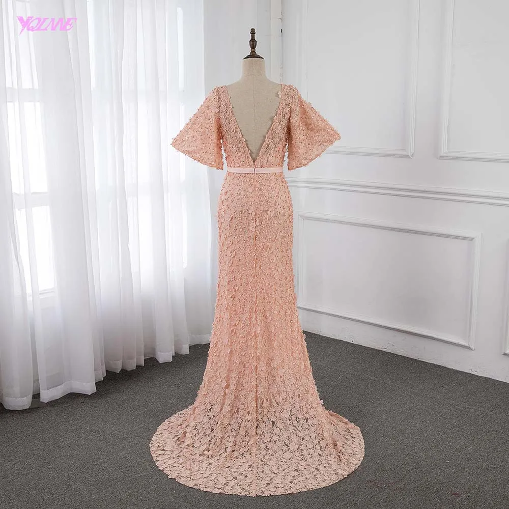 Robe De Soiree новые элегантные кружевные цветы Формальные Вечерние платья с длинным v-образным вырезом платье с жемчугом платье русалки YQLNNE