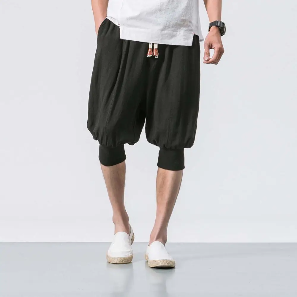 MRDONOO летние мужские свободные хлопковые льняные шорты в китайском стиле, мужские повседневные шорты-бермуды, бриджи B375-K65 - Цвет: Черный
