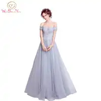 100% Real Image vestidos de festa largos elegantes Gray Evening Dresses Off the Shoulder Lace Floor Length Party Formal Gowns