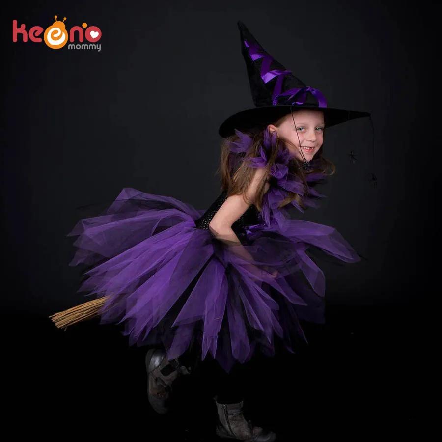 Фиолетовое, черное платье-пачка ведьмы для девочек с шляпой ведьмы ручной работы, костюм на Хеллоуин карнавальный костюм, вечерние платья для костюмированной вечеринки
