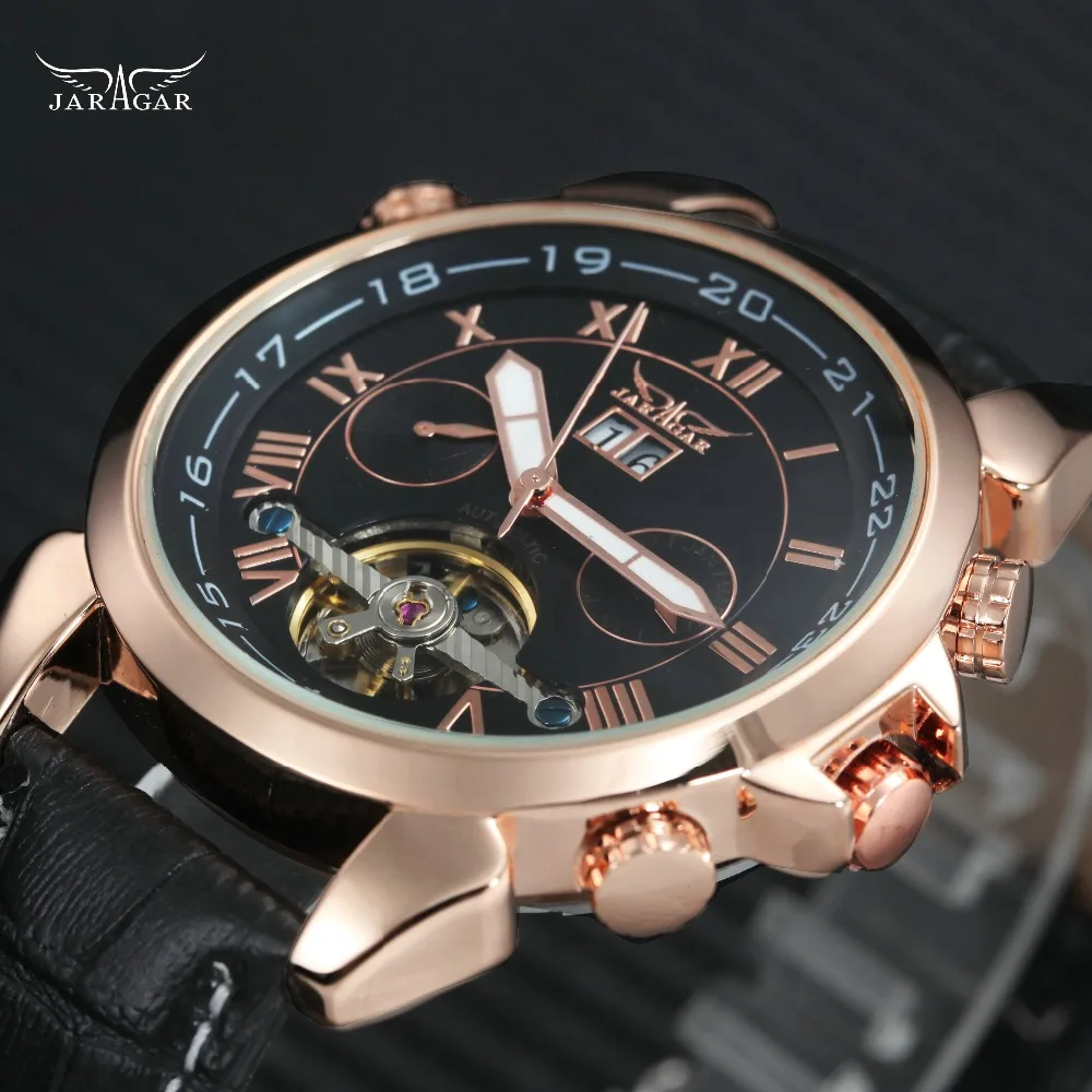 

JARAGAR Men Mechanical Wristwatch Rose Golden Stainless Steel Case Roman Number Tourbillon Design Calendar Auto Watch for Men