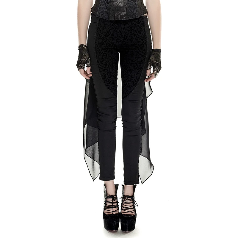 

Gothic Elastic Waist Floral Pattern Mesh Forktail Trousers for Women Steampunk Black Casual Spliced Long Pants