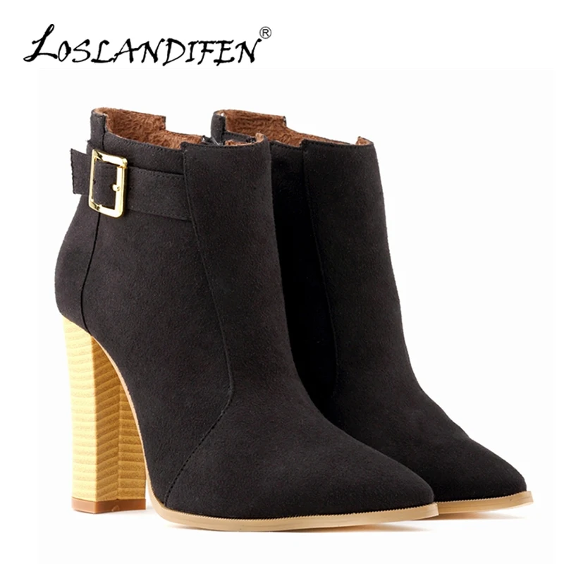 

LOSLANDIFEN New Women's Winter Boots Flock Wood Grain Heels Shoes High Heels Boots Pointed Toe Ankle Boots For Women 732-1VE