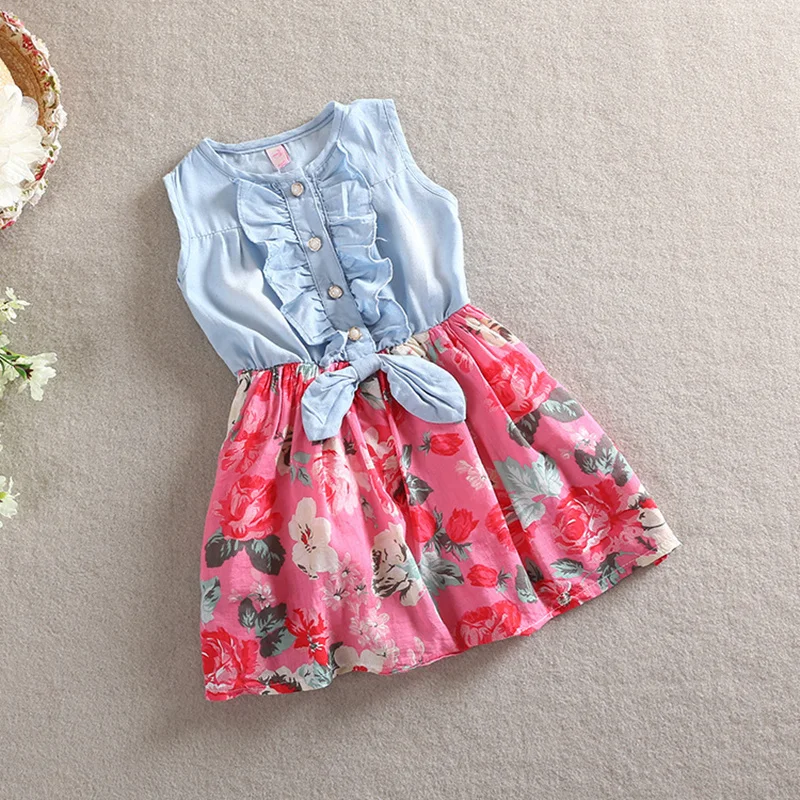 

2016 Summer Cute Bow A-Line Dresses for Girls Princess Brand Jean Denim Girls Dress Bow Flower Ruffled Dress 068