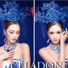 Синий и белый фарфоровый Традиционный китайский стиль Свадебный костюм для жениха и невесты+ золотой и синий цвет волос тиары