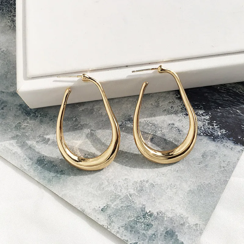 SRCOI Popular Gold Punk Rock Minimalist Geometric Alloy U-shaped Hoop Earrings Ladies Fashion Party Gift Huggie Loop Accessories - Окраска металла: Золотой цвет