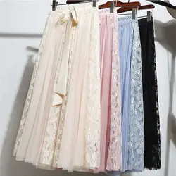 Женская модная кружевная однотонная плиссированная эластичная юбка средней длины с высокой талией, акция, Женская юбка