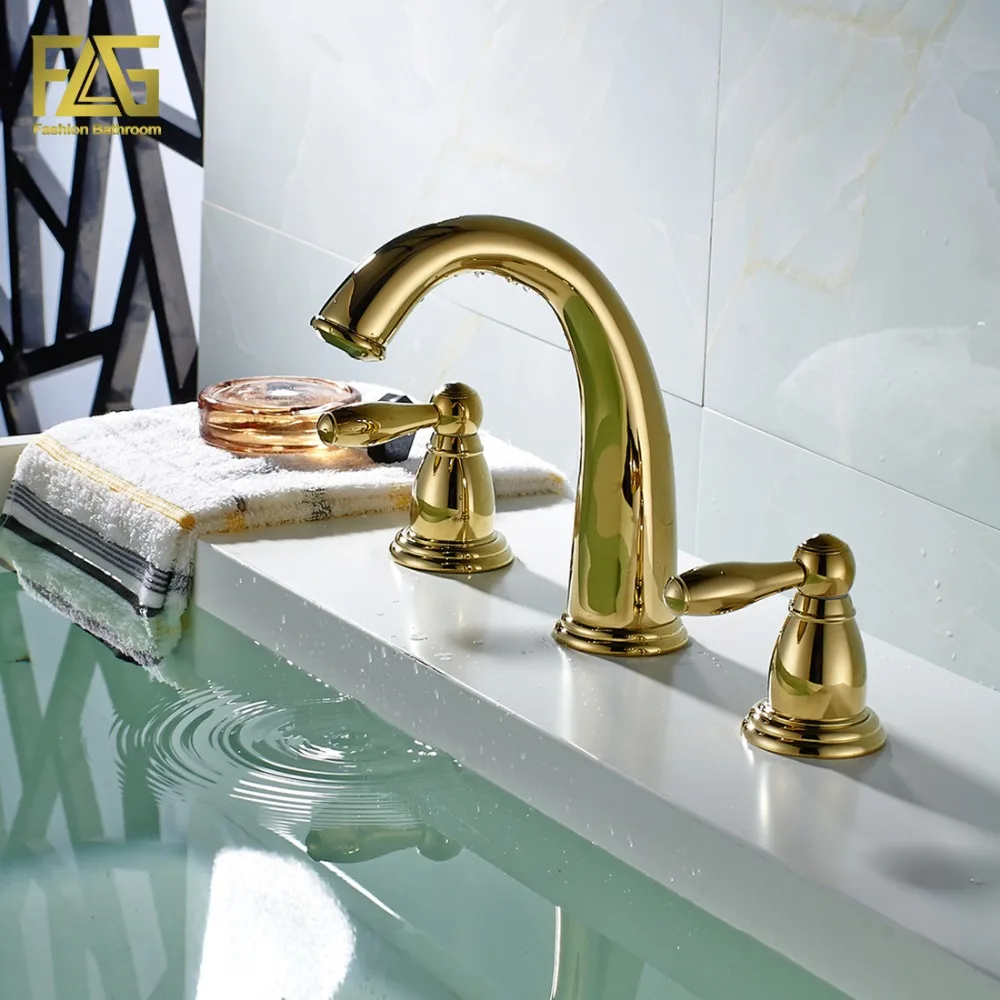 

FLG Nordic Style Basin Faucet Gold Plated 3 Hole Bathroom Sink Faucets Deck Mounted Cold Hot Water Sink Faucet Mixer Tap 201-44G