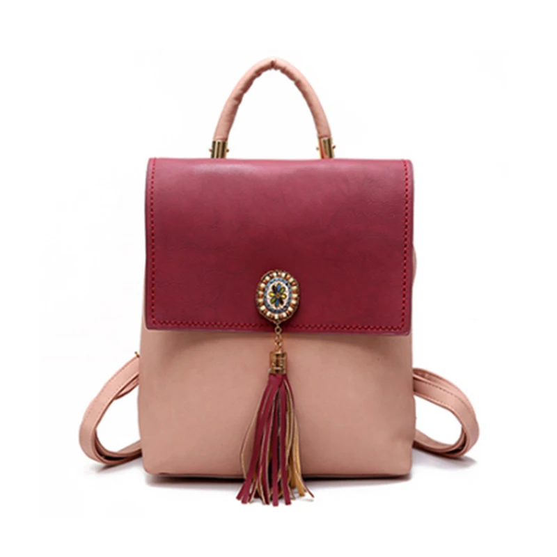 Women Backpack Tassel PU Leather Panelled Female Travel Backpacks Fashion Girl School Bag Mini Design Lady Daily Mochila BP0193 (1)