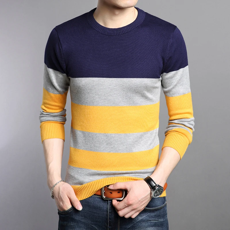 

2017 New Men Striped Casual Slim Fit Pullover Crewneck Knitted Sweater