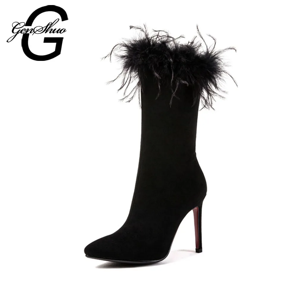 

GENSHUO Sexy Winter Boots Feather Mid Calf Boots For Women Shoes Short Plush Fashion Woman High Heels Pointed Toe Dress Shoes