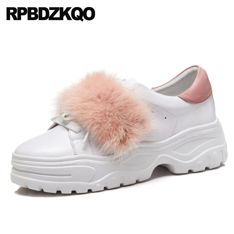 

lace up creepers platform shoes muffin custom trainers genuine leather round toe thick sole elevator sneakers handmade fur women