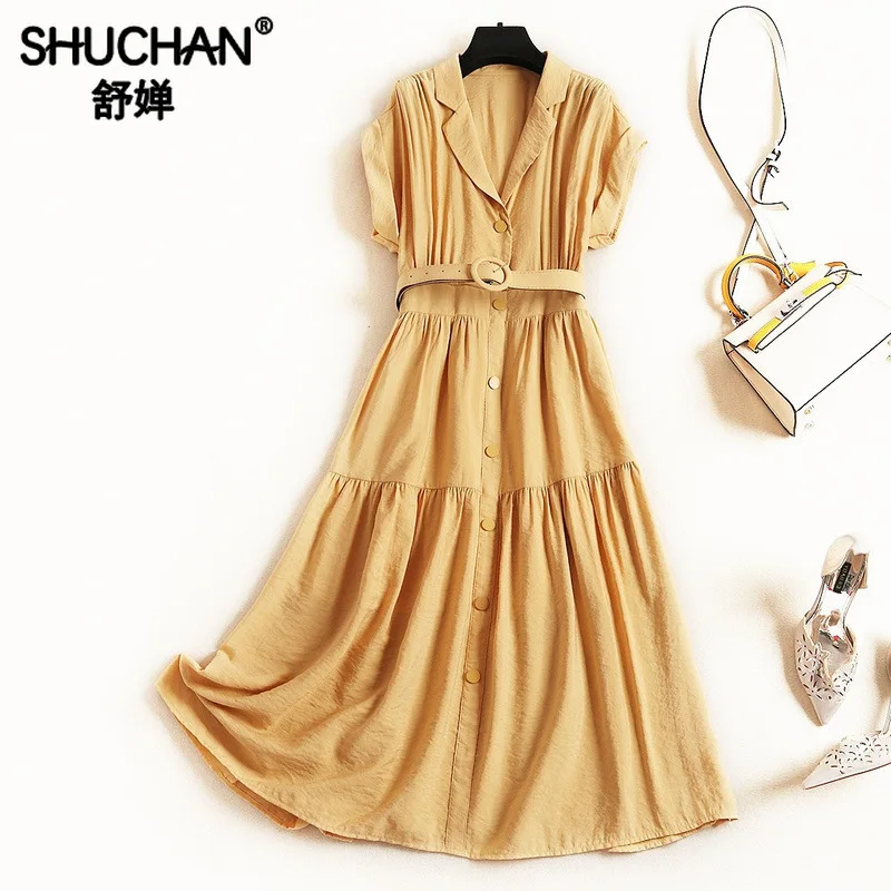 

Shuchan Yellow Retro Elegant Dresses for Women Designer Clothing A-Line Solid Sashes Mid-Calf Ladies Long Casual Dresses 51460