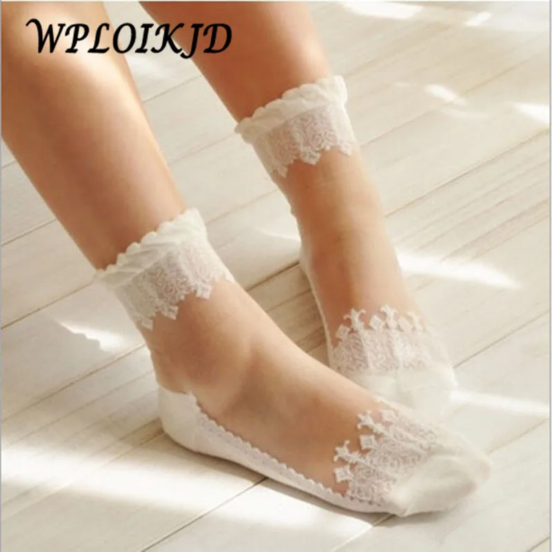 

[WPLOIKJD]Spring/Summer Fashion Ultrathin Crystal Silk Lace Short Socks Transparent Antiskid Anti-Static Women Socks