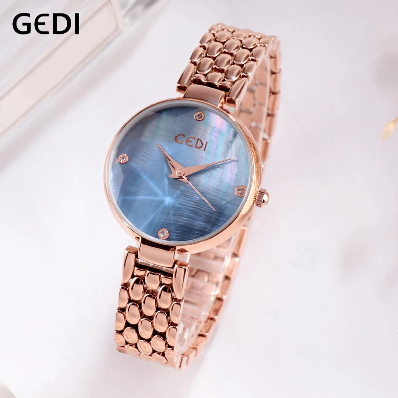 

GEDI Women Watches Blue Water Ripple Dial Women's Bracelet Woman Watch Female Clock Rose Gold Wristwatch reloj mujer