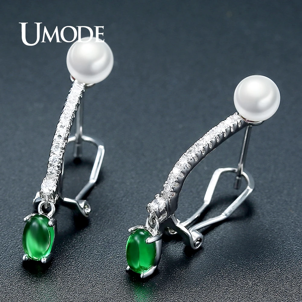 UMODE, новинка, имитация жемчуга, модное ювелирное изделие для женщин, серебряный цвет, серьги-кольца, зеленые австрийские стразы, Букле д 'Орель, UE0334