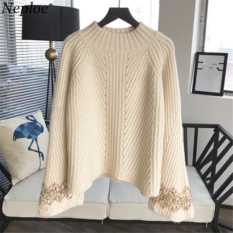 

Neploe Knitted Beading Vintage Solid Women Pullovers Thick Warm Winter Female Sweater 2019 Flare Sleeve Loose Sueter Mujer 68752